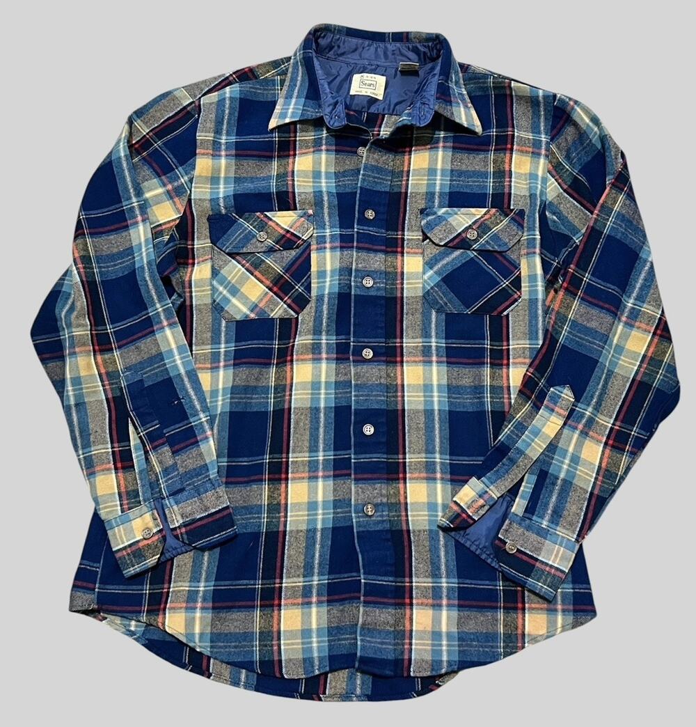 Vtg 70s Sears Mens M Blue Plaid Flannel Acrylic Made in Korea Grunge Distressed